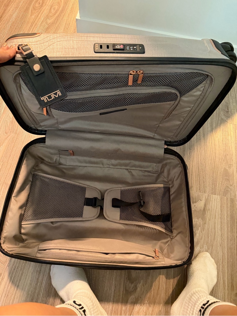 Tumi Carry-On in Taupe with Rose Gold Accents